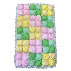 Vtg Puffy Bubble Quilt Blanket Pastel Gingham Lace Trim Baby Toddler Play Mat